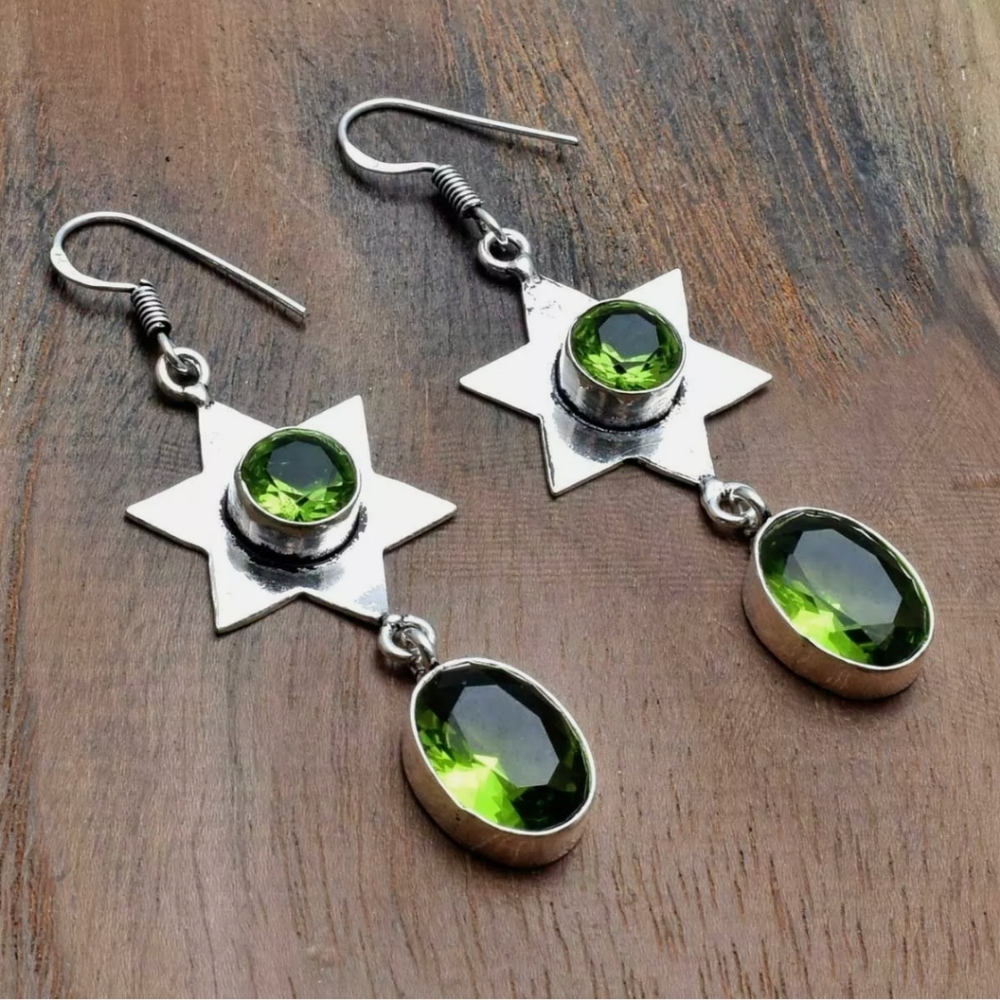 New Amazing Peridot 925 Silver Dangle Statement Earrings.
